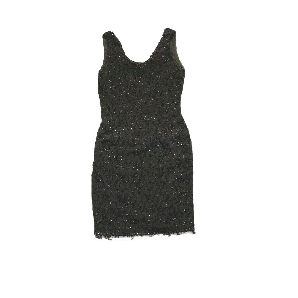 Vintage Niteline Black Beaded Cocktail Dress Honeycomb Pattern Womens 6 Party
